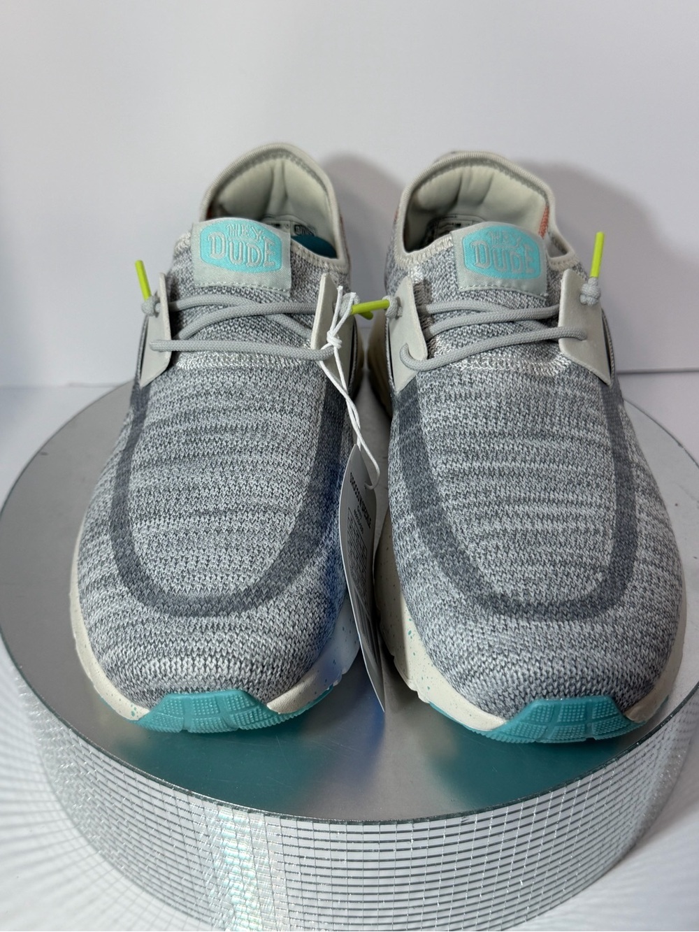 Hey Dude Gray Knit Sneakers with Aqua Accents size w 11 new